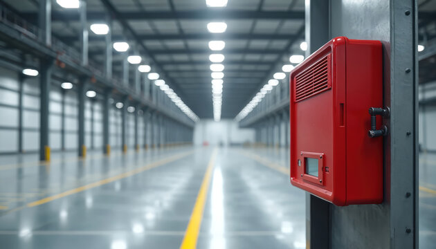 Red fire alarm unit on pillar inside empty industrial warehouse interior with bright lights and yellow line on floor. Safety device installed in large storage facility.