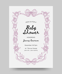 Boy or girl baby shower invitation with hand drawn simple floral frame ink bleed style pastel color. unique imperfect rough scribble frame