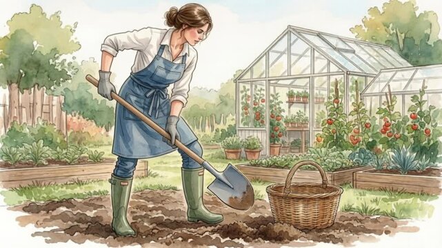 Woman digging soil in a vegetable garden near a greenhouse, summer cottage hobby, homegrown food, gardening work, rural lifestyle.