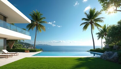 Naklejka premium Modern white villa with infinity pool overlooks blue sea. Palm trees sway under sunny sky. Rich green grass surrounds luxury home. Relaxing vacation spot.