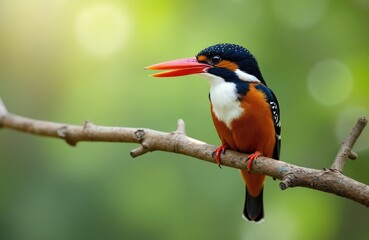 Obraz premium Black-capped kingfisher perches on a branch. Vivid orange body bright blue head. Bird waits to hunt fish near water. Wildlife scene in nature.