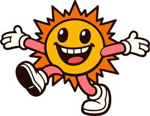 Happy Retro Cartoon Sun Character Jumping with Arms Wide Open, Vintage Mascot Illustration