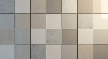 Close-up of a wall featuring a grid pattern of square, neutral-toned tiles, with subtle variations in texture and shade