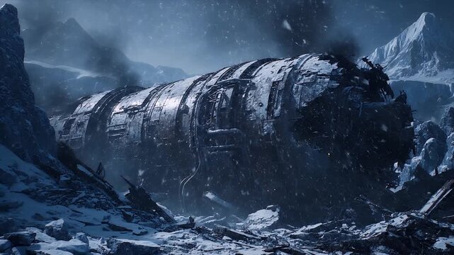 Cinematic View of Massive Crashed Alien Vessel amidst Heavy Snowstorm and Dark Rocks
