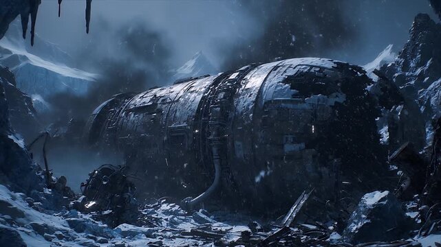 Cinematic View of Massive Crashed Alien Vessel amidst Heavy Snowstorm and Dark Rocks
