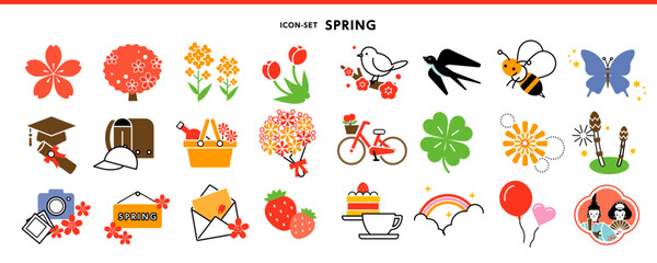  春のカラフルアイコンセット｜花・入学・卒業・さくら・菜の花・うめ｜フラットベクター素材