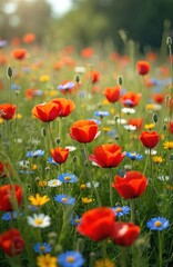 Naklejka premium Field with many red poppies and blue daisies in bloom. Green grass and plants grow wild. Sunlight shines on the summer meadow with diverse flora.
