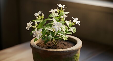 Obraz premium Close up of a potted jasmine plant with white flowers and green leaves
