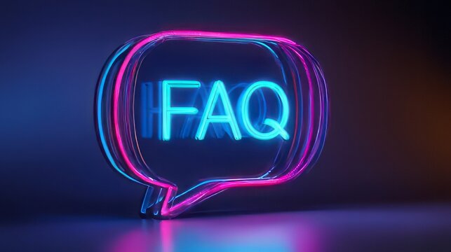 3D digital rendering of a neon sign displaying "FAQ" within a speech bubble. "FAQ" stand for Frequently Asked Questions  help center, support page, or information section on a website.