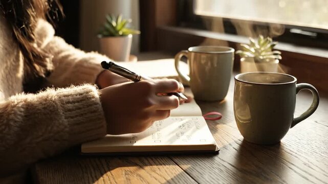 Cozy morning journaling by the window with warm mugs and gentle sunlight illuminating the scene
