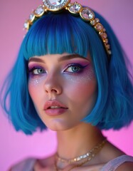 Fototapeta premium Young woman wears vibrant blue bob hair and crystal crown. She has dramatic eye makeup with glitter. Fashionable female model poses for portrait in studio. Glamorous style inspiration.