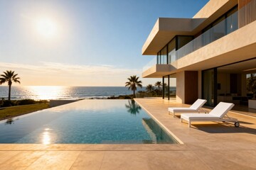 Fototapeta premium Luxury Modern Villa with Infinity Pool Overlooking Ocean