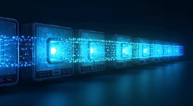 A glowing central processor glows brightly against a background of digital data streams
