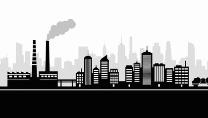Obraz premium Industrial Cityscape Silhouette with Factory Smoke and Modern Buildings