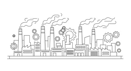 Obraz premium Industrial Factory Line Art Illustration with Gears and Smoke