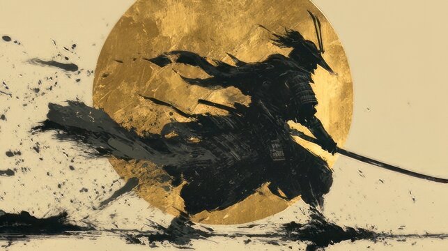 Silhouetted samurai warrior with a sword in traditional armor against a golden sun, evoking the spirit of the Bushido code. 