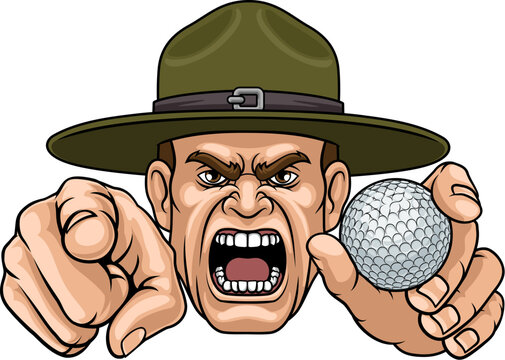 An angry drill instructor or sergeant bootcamp army soldier cartoon character holding golf ball and pointing sports team mascot illustration.