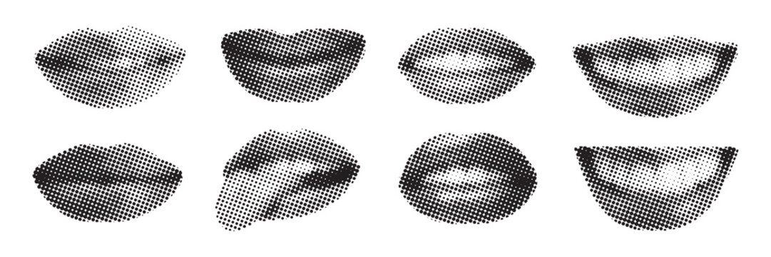 Set of Retro Halftone collage lips gesture. Dotted modern retro urban pop art style. Trendy vintage newspaper pieces. Halftone collage elements.