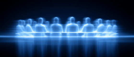 Futuristic digital team meeting at holographic boardroom table