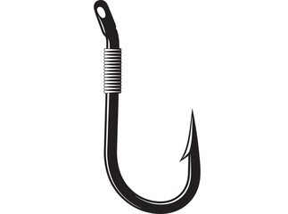 Fishing hook with coiled line detail, a sharp barbed point, and an eyelet for attaching to a line, rendered in a black graphic style.