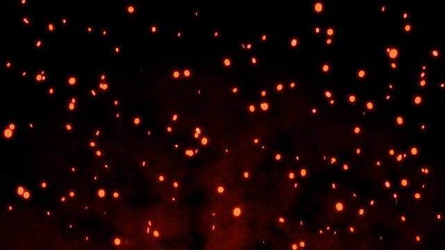 Realistic fire sparks rising up with orange smoke embers particles on dark background suitable for visual effects, overlays, gaming, and dramatic or atmospheric scenes. 4k