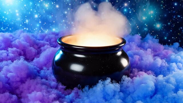 Magic cauldron with glowing smoke