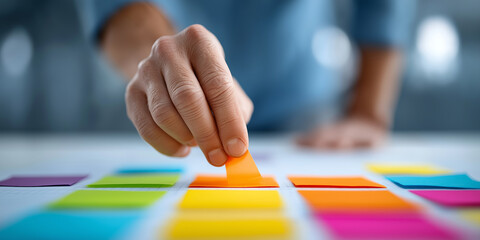 Hand organizing colorful sticky notes for project planning
