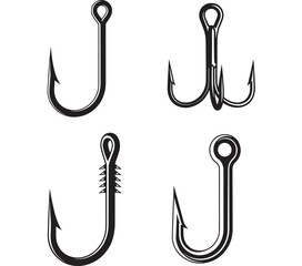 Fishing hooks set with different barbed and treble designs for catching fish, presented in a clean black and white graphic.