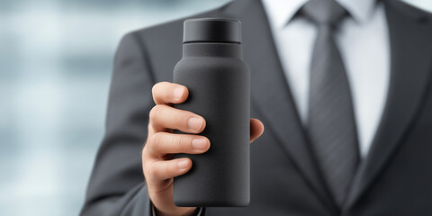 Businessman holding black matte reusable water bottle