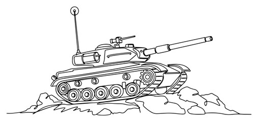 Military heavy battle tank moving across rocky terrain in continuous line art style © Alicja