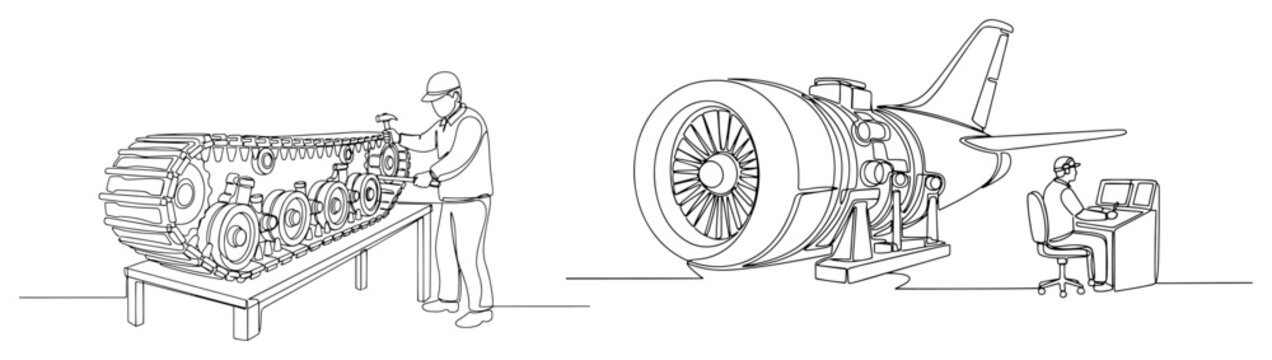 Military engineering maintenance with tank tracks repair and jet engine technician in continuous line art style