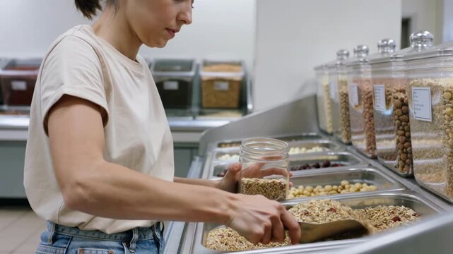 Woman refilling a reusable container with bulk grains at an eco-friendly zero-waste store