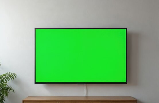 Modern flat screen television with a green screen hangs on a light gray wall over a wooden cabinet. The blank display offers ample copy space for custom graphics and advertising content.
