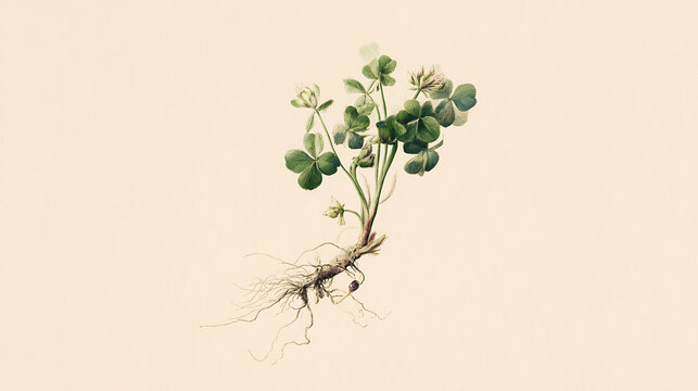 St patrics day concept small green plant with roots growing on beige background st patrics