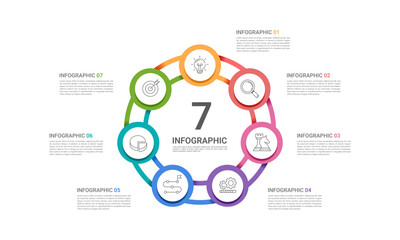 7 options colorful wheel diagram with icons for corporate workflow process. Presentation, Plan and Banner. Vector illustration.