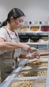 Refilling reusable jar at a bulk foods store, zero-waste shopping, vertical footage