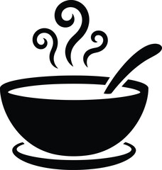 Simple black and white graphic illustration of a steaming bowl of soup with a spoon in it on a saucer.