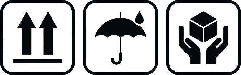 Simple black and white icons representing shipping and handling symbols for fragile items and protection during transportation © Raton
