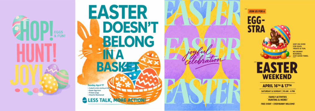 Easter vector poster collection with bunny, colorful eggs and festive typography. Spring holiday celebration design featuring egg hunt, joyful decorations and bright seasonal illustrations.