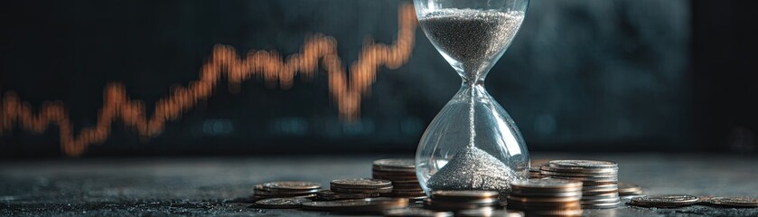 An hourglass with sand flowing is placed on coins, symbolizing the passage of time and the value of money or investment.