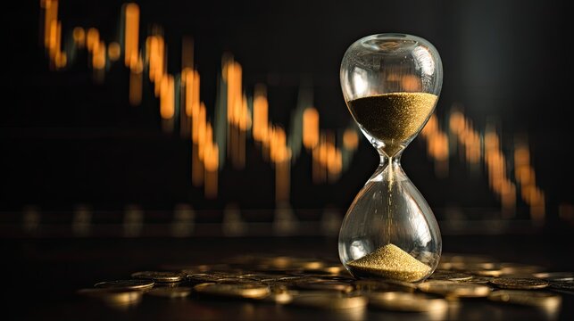An hourglass with flowing sand stands on coins, symbolizing time and money, with a blurred financial chart in the background.