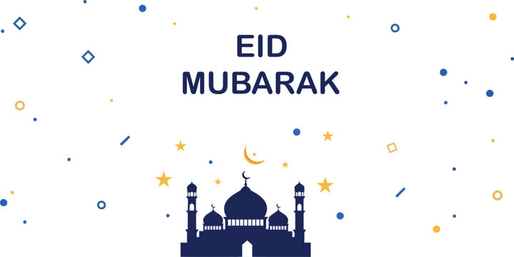 Eid Mubarak Mosque Illustration with Festive Lanterns and Confetti on White Background