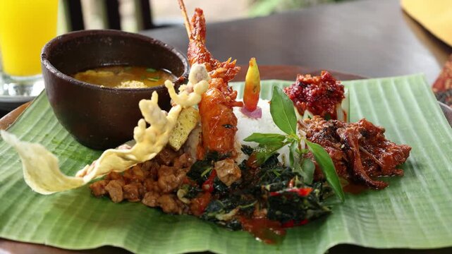 Nasi Campur, This rice is soft and served on a plate covered with banana leaves. Rice mixed with various side dishes, such as vegetables, chicken, tempeh etc
