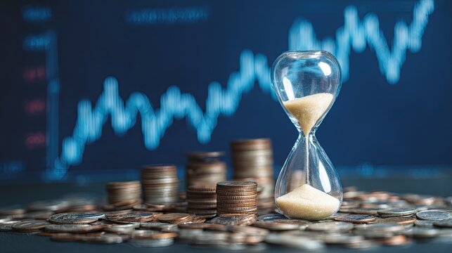An hourglass with sand and stacks of coins in front of a rising stock market graph, symbolizing time and financial growth.
