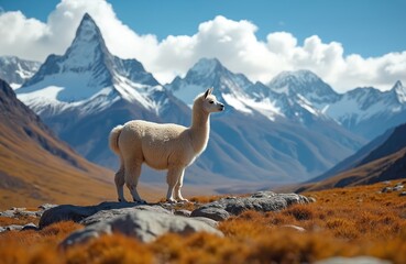 Fototapeta premium White alpaca stands on rocky ground with snowy Andes mountains behind. Autumnal dry grass covers the landscape under blue sky with clouds. This mammal lives in highland terrain.