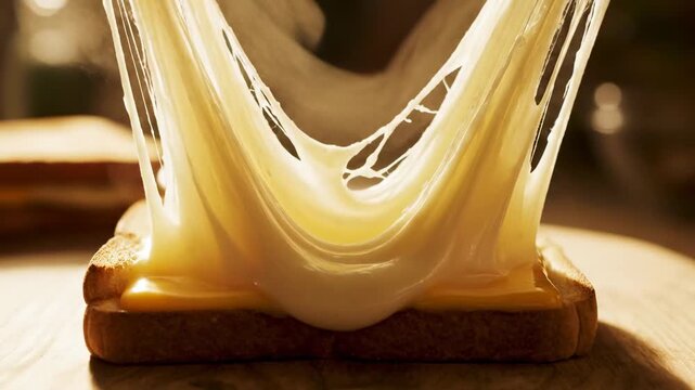 Close up of Hands Pulling Apart Melty Cheese Sandwich with Golden Brown Toast and Steaming Cheese