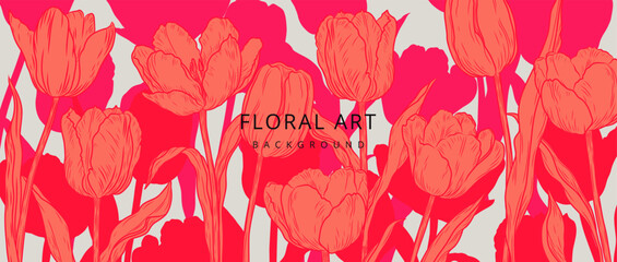 Naklejka premium Luxury floral red background with tulips. Vector design for banner, advertising, card, wall poster, flyer, wedding invitation, print, cover, wallpaper, packaging