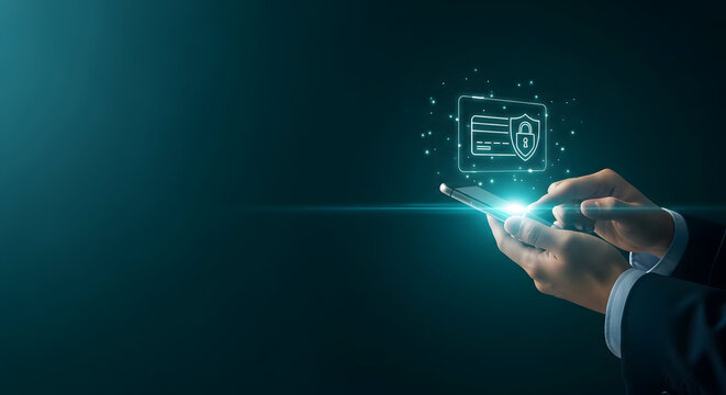 Person using smartphone with glowing credit card and padlock icon indicating secure mobile payment online banking and safe digital transaction