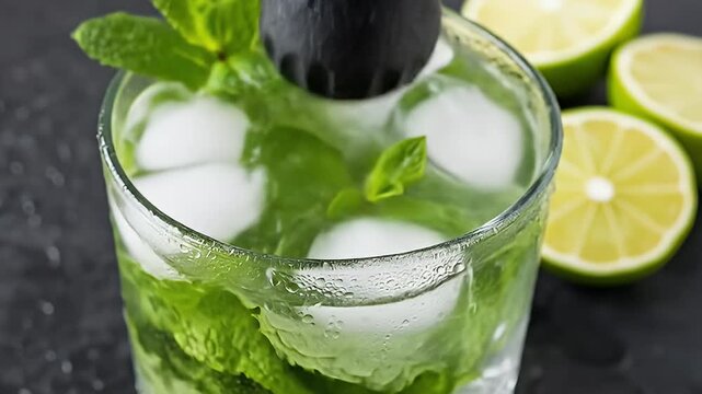 Refreshing beverage with mint, ice, and lime, featuring a muddler in a textured glass
