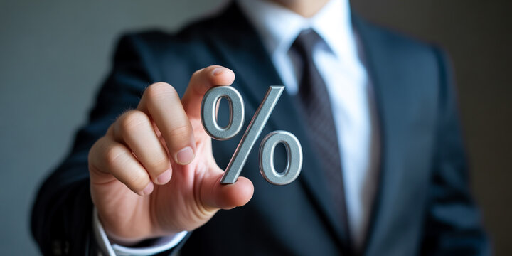 Business professional holding a metallic percent sign symbolizing finance and economic growth.